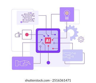 Processo de máquina automática alimentado por IA, aprendizagem de máquina. Software robótico, teste de chip de computador, controle de qualidade. Tecnologia inovadora. Ilustração isolada de vetor.