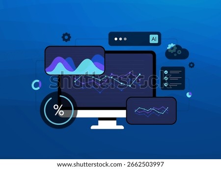 AI-powered business analytics dashboard analyzing market trends and forecasting future growth. Artificial intelligence for predictive ai business analytics, data visualization and strategic insights