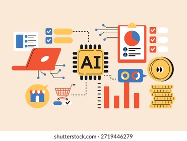 Soluções de análise empresarial e comércio eletrônico baseadas em IA. Ilustração de estilo bonito e simples. Automação de processos de negócios. Programas que podem lidar com tudo, desde marketing até gerenciamento de clientes e controle de vendas.