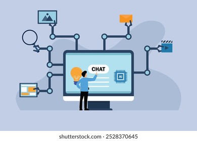 Automação Chatbot alimentada por IA e ilustração vetorial plana 2d Digital Workflow