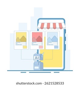 conceito chatbot baseado em IA para compras personalizadas, experiência aprimorada do cliente, recomendações personalizadas de produtos e suporte a comércio eletrônico. assistente inteligente. Ilustração de design plano.