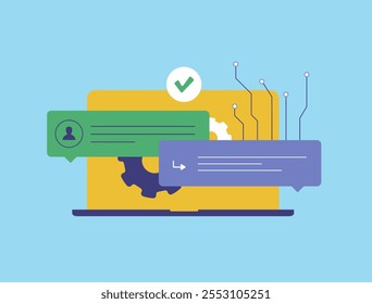 Chatbots con IA para empresas. Automatización de Asistencias al cliente con iconos de robots y burbujas de mensajes. Diseños de Ilustración vectorial plana para aumentar la eficacia del servicio y la satisfacción del usuario
