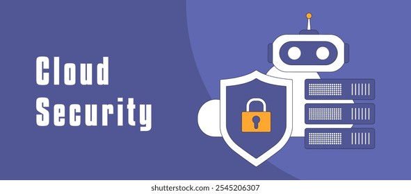AI-powered cloud security vector banner. Advanced data protection, threat detection, cyberattack prevention. AI-driven data privacy, secure systems, cloud safety solutions header illustration concept