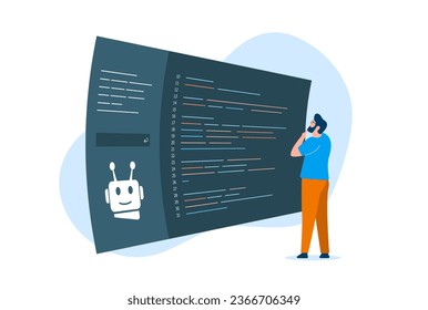 AI-Powered Code Generation Review Concept. Ensuring Accurate and Efficient Programming. A human programmer studies code written by AI. Vector illustration isolated on white background with icons