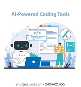 Concepto de herramientas de codificación alimentadas por IA. Agiliza el desarrollo de software con automatización de código. Facilita flujos de trabajo de programación eficientes. Ilustración vectorial plana.