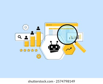 AI-Powered Competitor Analysis for SEO. Use AI tools to analyze competitors SEO strategies and identify opportunities. AI analytics comparing SEO metrics outline vector illustration.