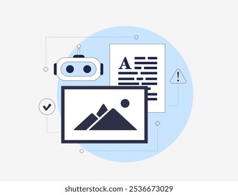 AI-powered content moderation automates filtering of harmful or inappropriate posts, photos and comments on social platforms. Isolated vector illustration shows AI scanning social media content