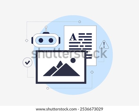 AI-powered content moderation automates filtering of harmful or inappropriate posts, photos and comments on social platforms. Isolated vector illustration shows AI scanning social media content