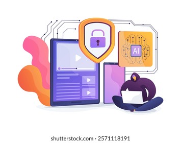 AI-Powered Content Protection abstract concept vector illustration. Entertainment. Protect intellectual property and prevent piracy with AI copyright monitoring tools. abstract metaphor.