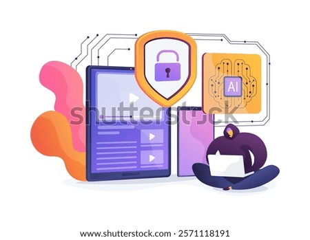 AI-Powered Content Protection abstract concept vector illustration. Entertainment. Protect intellectual property and prevent piracy with AI copyright monitoring tools. abstract metaphor.
