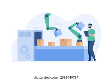 AI-powered conveyor belt system with robotic arms sorting packages. A worker monitors the process using a digital tablet, ensuring seamless automation in logistics and manufacturing.