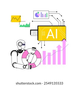 AI-Powered Crisis Response Simulation abstraktes Konzept, Vektorgrafik. Öffentlichkeitsarbeit. Simulieren und Vorbereiten auf PR-Krisen mit KI, Reaktionszeit verbessern. KI-Technologie. abstrakte Metapher.