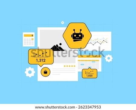 AI-powered CRM system dashboard shows customer behavior, sales funnel. Ai CRM engagement analytics and user segmentation for targeted marketing. Vector illustration and icons