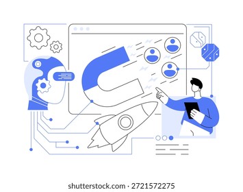 ILUSTRACIÓN VECTORIAL de concepto abstracto de herramientas de retención de Clientes impulsadas por IA. La IA ayuda a las startups a retener Clientes mediante el análisis de conductas y preferencias.