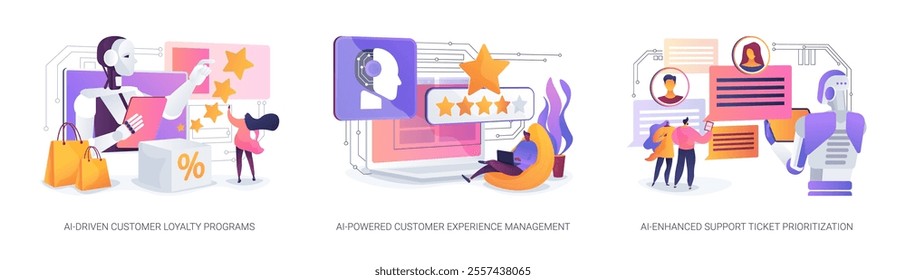 AI-Powered Customer Support abstract concept vector illustration set. AI-Driven Customer Loyalty Programs, Customer Experience Management, AI-Enhanced Support Ticket Prioritization abstract metaphor.