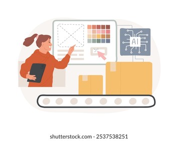 ILUSTRACIÓN VECTORIAL de concepto abstracto de personalización impulsada por IA. Fabricación de productos personalizados utilizando procesos de diseño y producción impulsados por IA. AI Tecnología. metáfora abstracta.