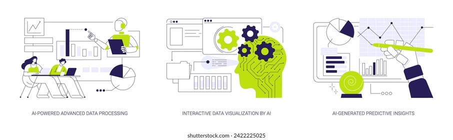 AI-Powered Data Analysis abstract concept vector illustration set. AI-Powered Advanced Data Processing, Interactive Data Visualization by AI, AI-Generated Predictive Insights abstract metaphor.