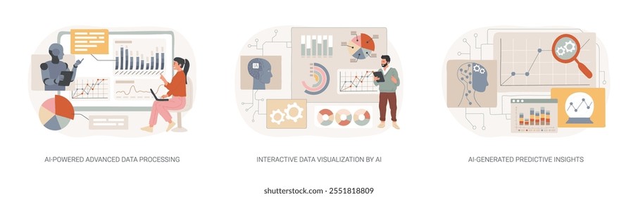 AI-Powered Data Analysis conceito abstrato vetor ilustração conjunto. Processamento de dados avançado baseado em IA, visualização interativa de dados por IA, metáfora abstrata de insights preditivos gerados por IA.