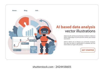 AI-Powered Data Analysis. Advanced robotics integrating with analytics for comprehensive business intelligence. Illustrating machine learning's role in data-driven decision-making. Flat vector.