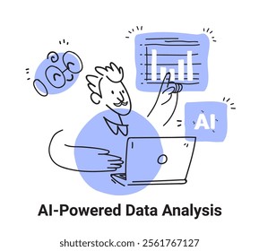 AI-powered data analysis concept with person analyzing graphs on laptop hand drawn style blue accents digital chart