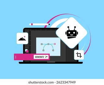AI-powered design tools generate creative marketing materials with automation, branding and layout suggestions for business promotion. Ai design assistant vector illustration and icons