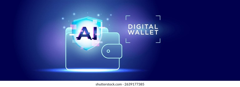 AI-powered digital wallet concept with futuristic glowing interface and shield symbol for secure transactions and financial technology innovation.