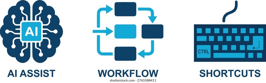 AI-powered digital workflow automation and productivity shortcuts illustration. Brain with AI chip interconnected process nodes and keyboard shortcut keys for enterprise software solutions.