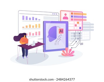 ILUSTRACIÓN VECTORIAL abstracta del concepto de análisis de participación de empleados impulsado por IA. Recursos Humanos. Medir la satisfacción de los empleados con las Encuestas de IA y el análisis de sentimientos.