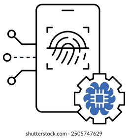 Icono de reconocimiento de huellas dactilares con IA en un dispositivo móvil, que simboliza la seguridad biométrica, la autenticación impulsada por IA y la tecnología inteligente.