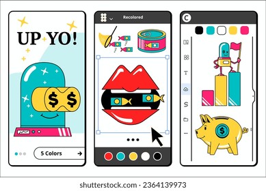Fintech alimentado por IA es un paquete de iconos. Conjunto de símbolos y objetos tecnológicos de aplicaciones de consejeros de robots para la planificación financiera y herramientas innovadoras de gestión de riqueza, ilustraciones vectoriales en diseño web plano