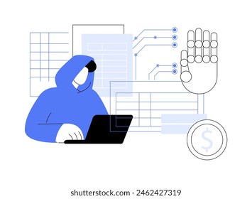 ILUSTRACIÓN VECTORIAL de concepto abstracto de detección de fraude impulsada por IA. Seguros. Detectar y prevenir el fraude de seguros a través del análisis de datos de IA y el reconocimiento de patrones. TECNOLOGÍA de IA. metáfora abstracta.