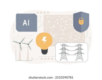 Ilustração de vetor de conceito abstrato do AI-Powered Grid Security. Energia. Cibersegurança das redes de energia com monitorização da IA e detecção de ameaças. Tecnologia AI. metáfora abstrata.