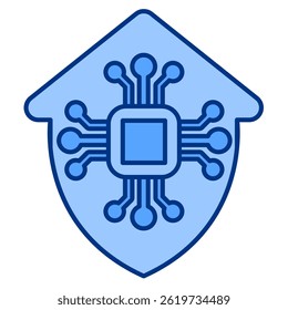AI-powered Home Security icon represented by shield, ic, circuit Blue style.