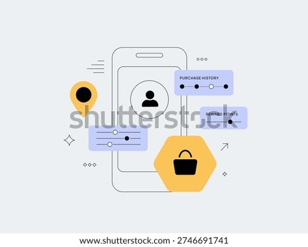 AI-powered hyper-personalization, personalized shopping recommendations, targeted marketing strategy. Customer behavior analysis, e-commerce customization, data-driven insights, vector illustration