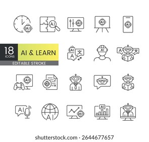 Aprendizagem baseada em IA e ícones da linha educacional com traçado editável, incluindo tradução, tutores virtuais, painéis de desempenho, testes inteligentes, aprendizagem gamificada e ferramentas adaptáveis para sala de aula