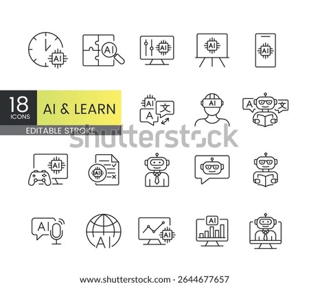 AI-powered learning and education line icons with editable stroke including translation, virtual tutors, performance dashboards, smart quizzes, gamified learning and adaptive classroom tools