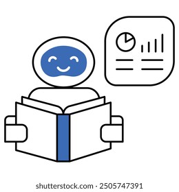 KI-gestützter Lernroboter mit Buch- und Datendiagrammen, die KI im Bildungsbereich, intelligentes Lernen und Wissensanalyse darstellen.