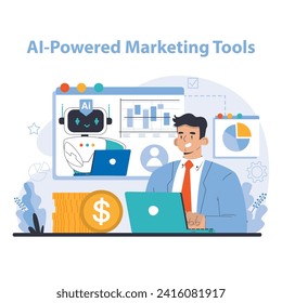 AI-Powered Marketing Tools concept. Integrates advanced AI for data-driven strategies and financial insights. Streamlines online business growth. Flat vector illustration.