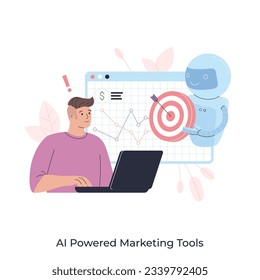 AI-powered marketing tools flat concept vector illustration. AI-powered research, marketing tools automation, e-commerce search, customer recommendation, machine learning abstract metaphor.