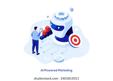 AI-powered marketing tools isometric concept vector illustration. Research, marketing tools automation, e-commerce search, customer recommendation, machine learning abstract metaphor.