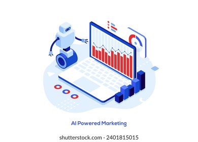 AI-powered marketing tools isometric concept vector illustration. Research, marketing tools automation, e-commerce search, customer recommendation, machine learning abstract metaphor.