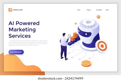 AI-powered marketing tools isometric concept vector illustration. Research, marketing tools automation, e-commerce search, customer recommendation, machine learning landing page