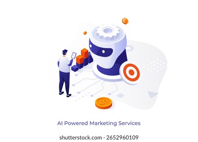 AI-powered marketing tools isometric concept vector illustration. Research, marketing tools automation, e-commerce search, customer recommendation, machine learning concept