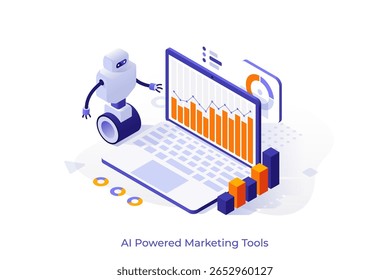 AI-powered marketing tools isometric concept vector illustration. Research, marketing tools automation, e-commerce search, customer recommendation, machine learning concept