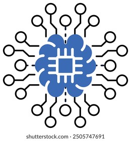 AI-powered network icon with circuit board and connections, illustrating AI technology, neural networks, and digital data exchange.