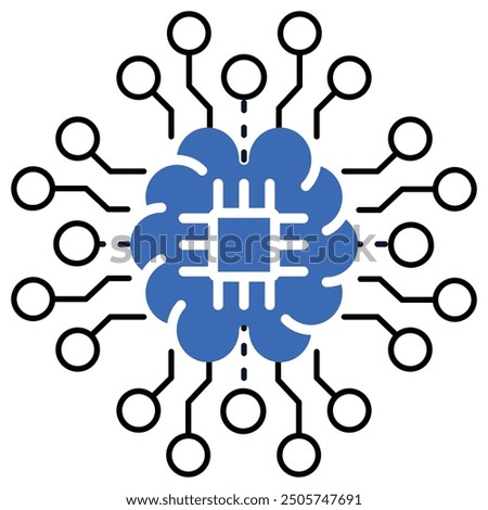 AI-powered network icon with circuit board and connections, illustrating AI technology, neural networks, and digital data exchange.