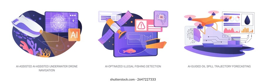 AI-Powered Ocean Monitoring Tools abstract concept vector illustration set. AI aids underwater drones, detects illegal fishing, and forecasts oil spills to protect marine life. abstract metaphor.