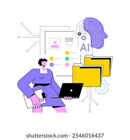 ILUSTRACIÓN VECTORIAL de concepto abstracto del proceso de incorporación impulsado por IA. Recursos Humanos. Módulos de capacitación basados en IA, listas de verificación y papeleo automatizado. AI Tecnología. metáfora abstracta.