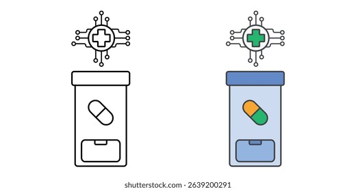 AI-powered pill dispenser icon in outline and color styles, representing smart medication management, automated dosing, and health tech solutions.