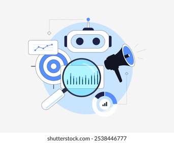 Análise de previsão baseada em IA no marketing. Preveja as tendências de consumo usando IA para melhores decisões de marketing digital. Ilustração vetorial do painel de marketing com gráficos de IA e tendências futuras